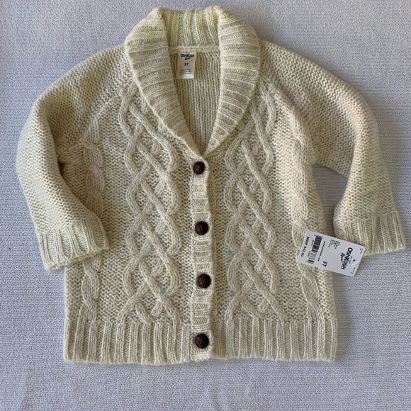 OSH KOSH-NWT-GIRLS-3T cream shawl collar cardigan sweater gold thread - Picture 2 of 5